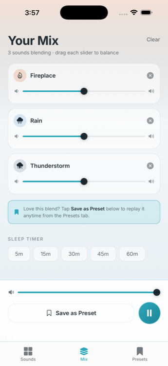 Hushel mixer with per-sound volume sliders and a sleep timer